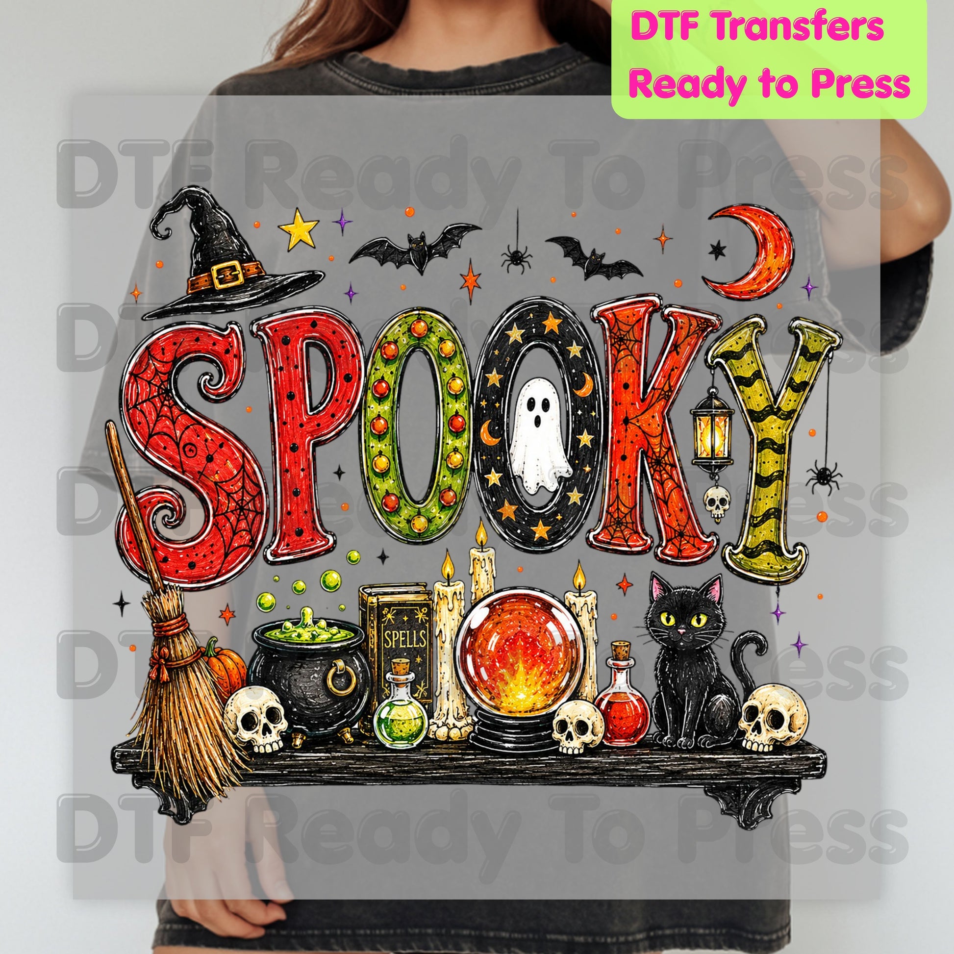 Halloween Witch Shelf DTF Transfers, Black Cat Crystal Ball Cauldron Potion Skull Spooky Ready to Press