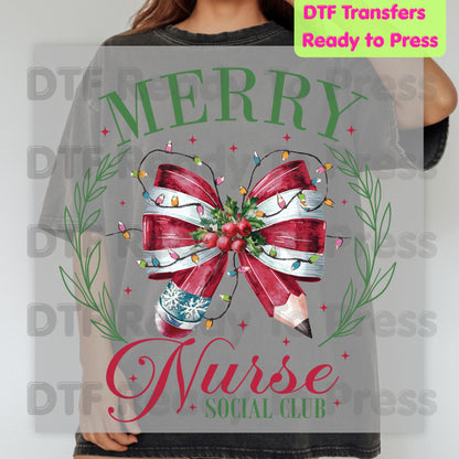 Merry Nurse Social Club DTF Transfers, Christmas Medical Coquette Bow Holiday Lights Nurse Ready to Press