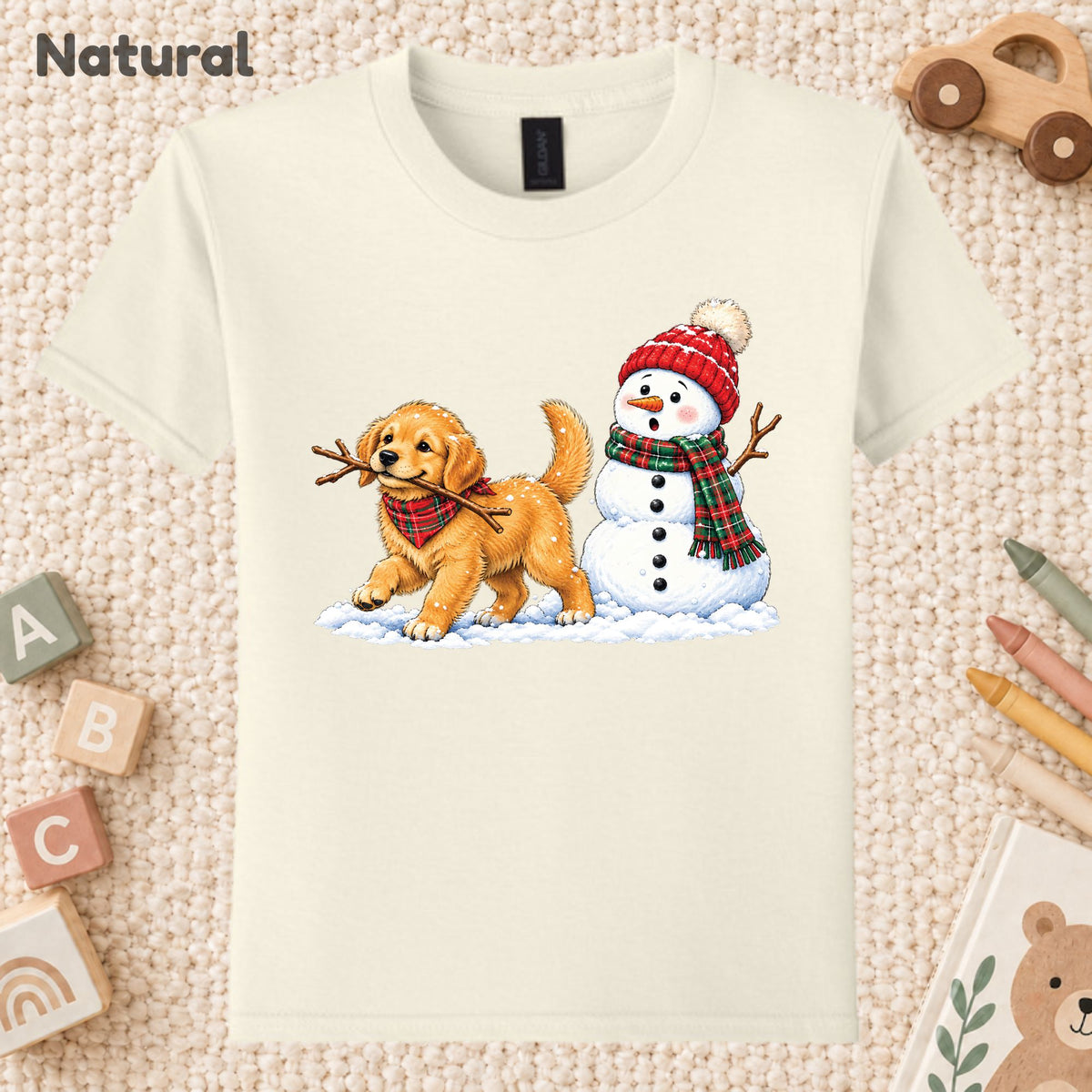 Golden Retriever Christmas T-Shirt, Puppy and Snowman Plaid Scarf Tee, Cute Winter Sweatshirt