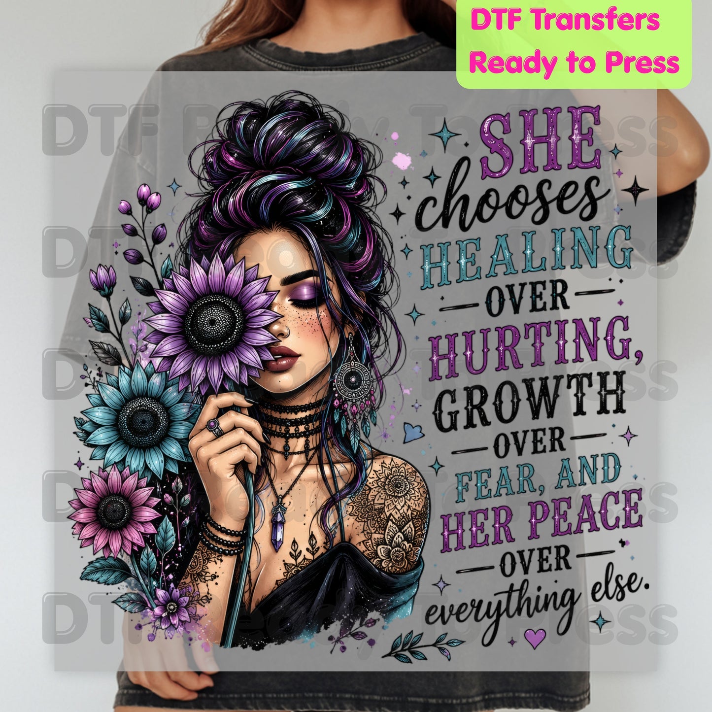 Inspirational Healing Woman DTF Transfers, She Chooses Healing Over Hurting Floral Messy Bun Sunflower Motivational Ready to Press