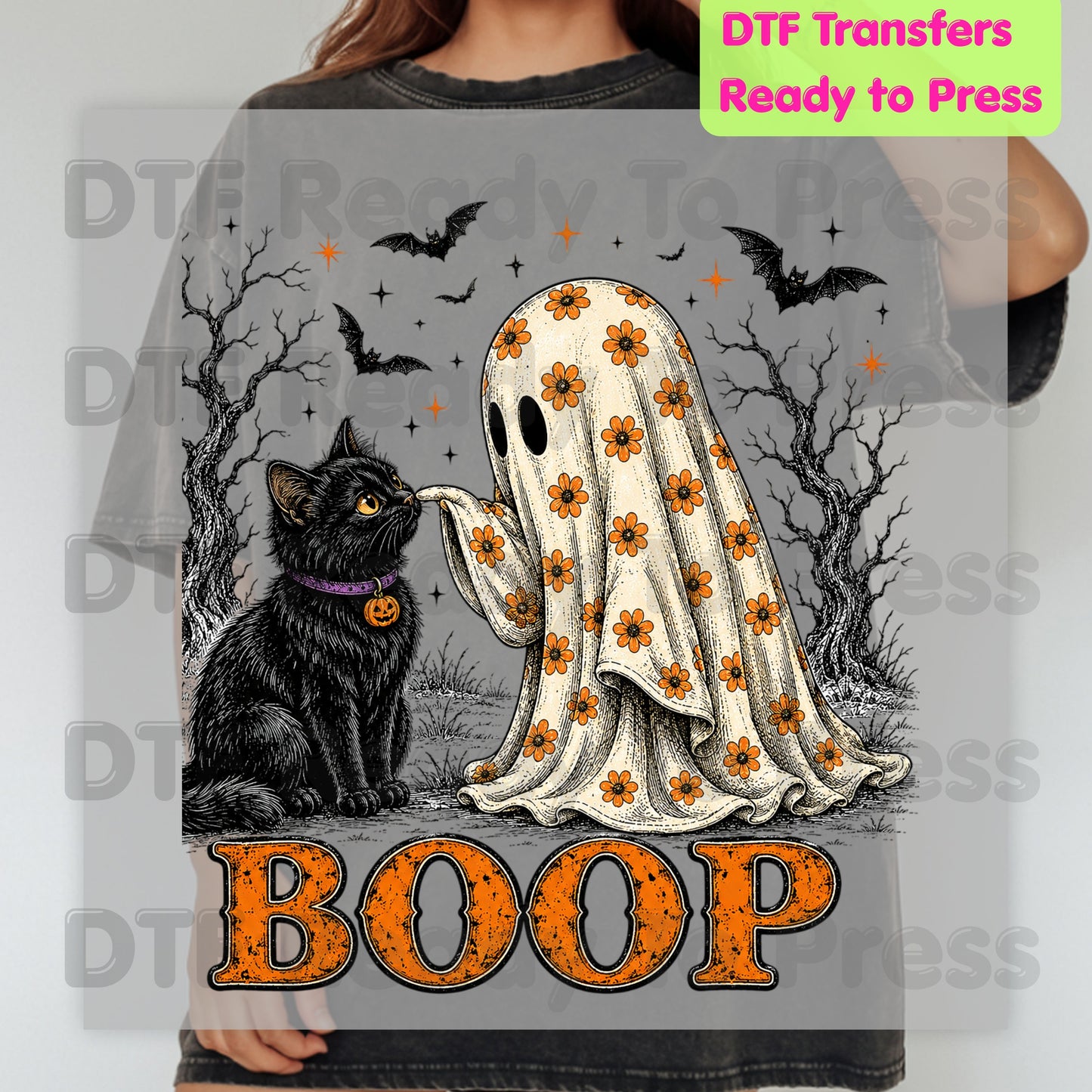 Halloween Cute Ghost Boop DTF Transfers, Black Cat Floral Sheet Bats Spooky Ready to Press