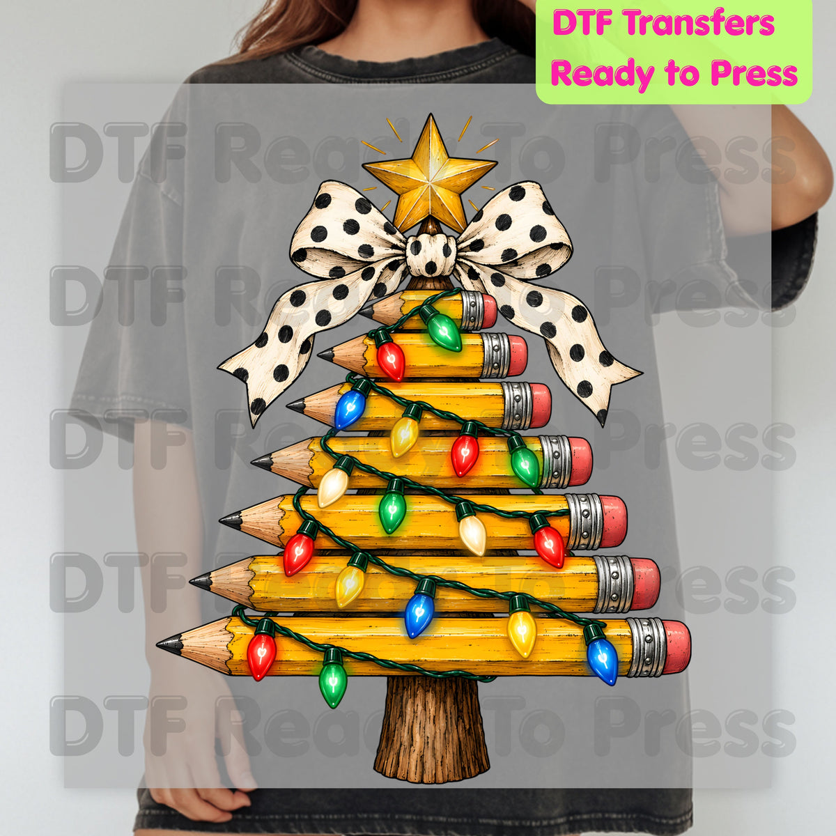 Christmas Teacher Pencil Tree DTF Transfers, School Polka Dot Bow Lights Holiday Ready to Press
