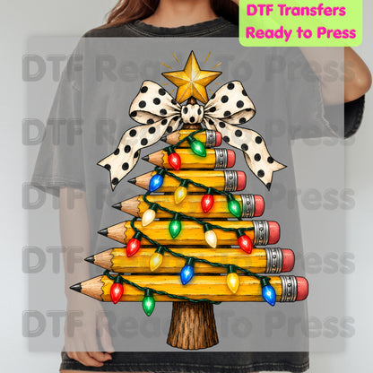 Christmas Teacher Pencil Tree DTF Transfers, School Polka Dot Bow Lights Holiday Ready to Press