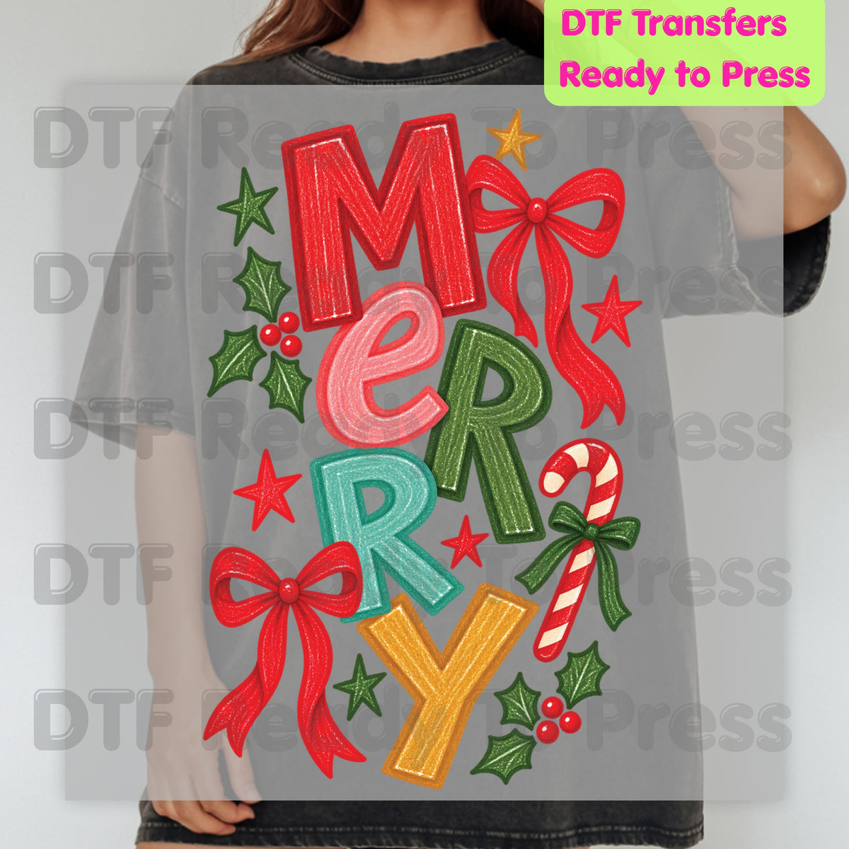 Christmas DTF Transfer, Merry Colorful Letters, Red Bow Candy Cane