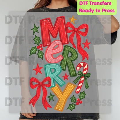 Christmas DTF Transfer, Merry Colorful Letters, Red Bow Candy Cane