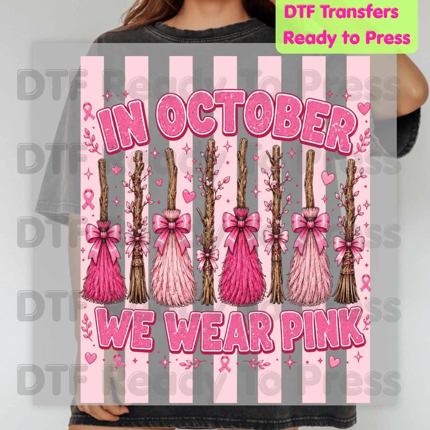In October We Wear Pink Witch Brooms Breast Cancer Awareness DTF Transfer Ready to Press Heat Transfer Tee