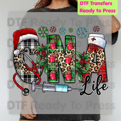 Christmas CNA Life DTF Transfers, Medical Nurse Leopard Plaid Syringe Holiday Ready to Press