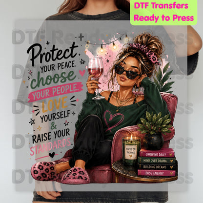 Inspirational Self Care Girl DTF Transfers, Protect Your Peace Love Yourself Wine Woman Quote Ready to Press