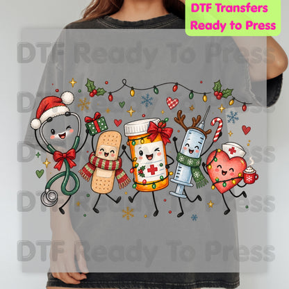 Christmas Nurse Squad DTF Transfers, Holiday Medical Syringe Pill Bottle Stethoscope Ready to Press