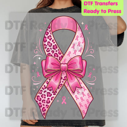 Leopard Pink Ribbon Bow Breast Cancer Awareness DTF Transfer Ready to Press Heat Transfer Tee