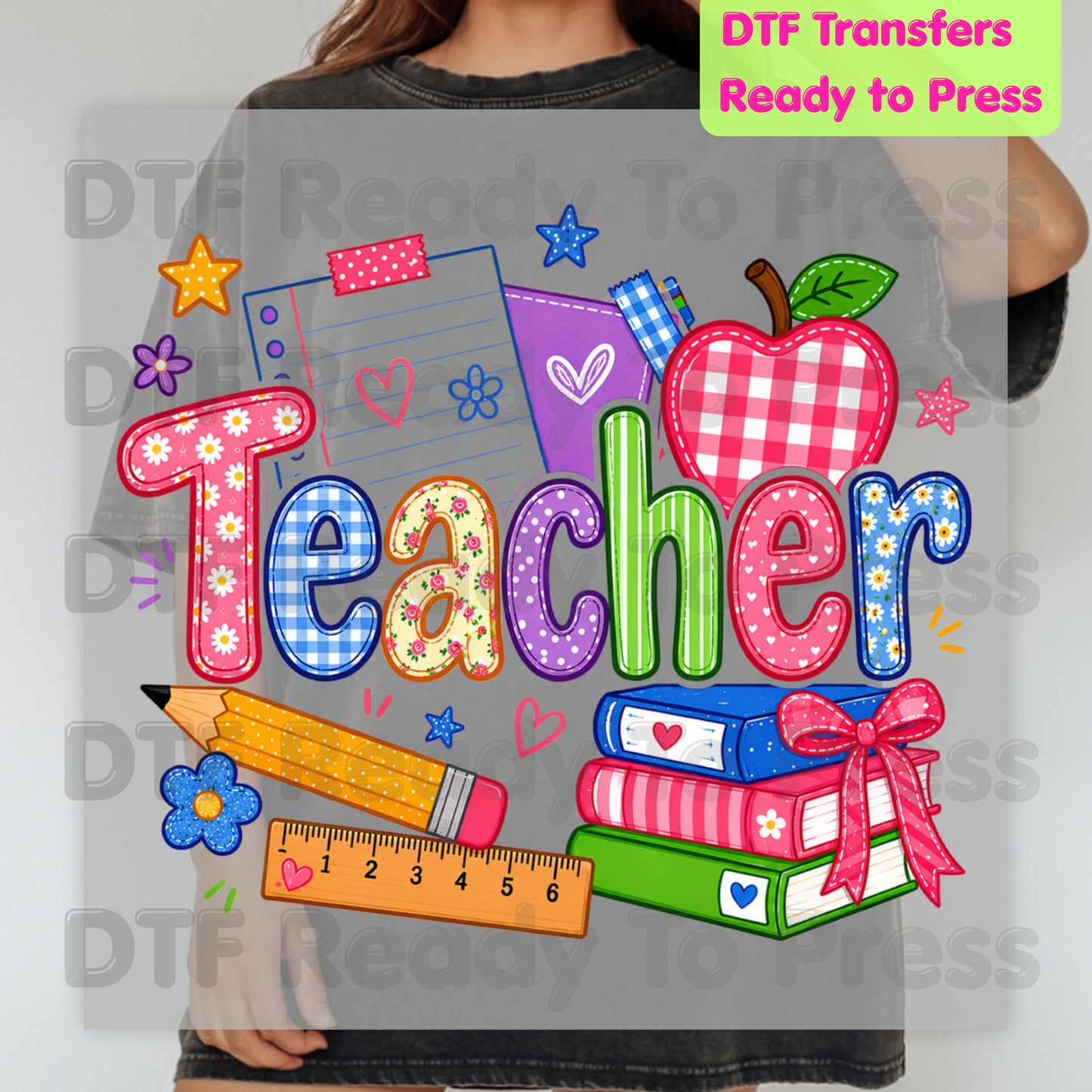 Teacher Apple Books Pencil DTF Transfers, Colorful School Supplies Back to School Ready to Press