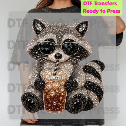 Cool Raccoon DTF Transfers, Sunglasses Iced Coffee Trash Panda Rhinestone Ready to Press