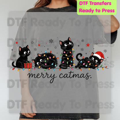 Merry Catmas Black Cats DTF Transfers, Christmas Lights Black Kittens Holiday Cat Lover Ready to Press