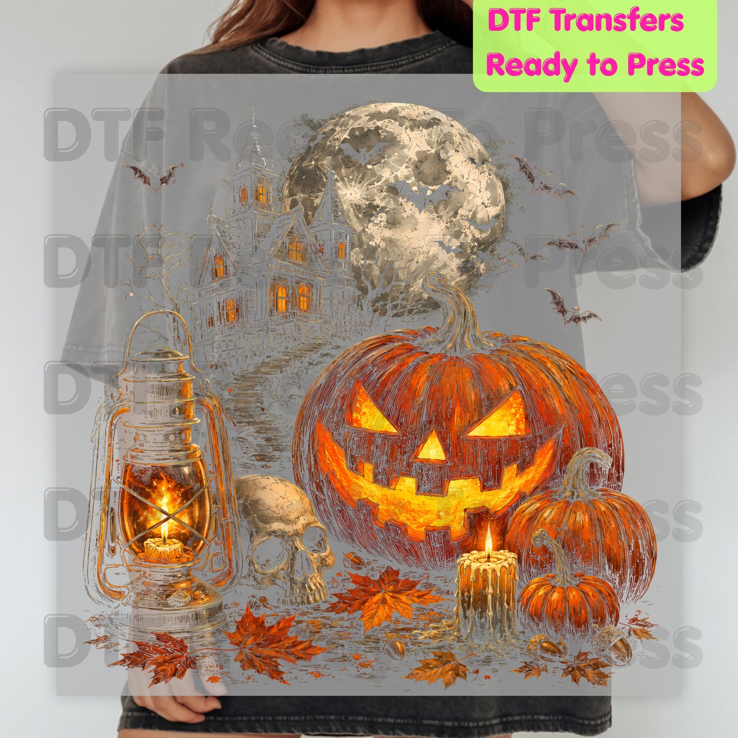 Vintage Haunted House Pumpkin DTF Transfers, Lantern Jack O Lantern Halloween Spooky Autumn Ready to Press