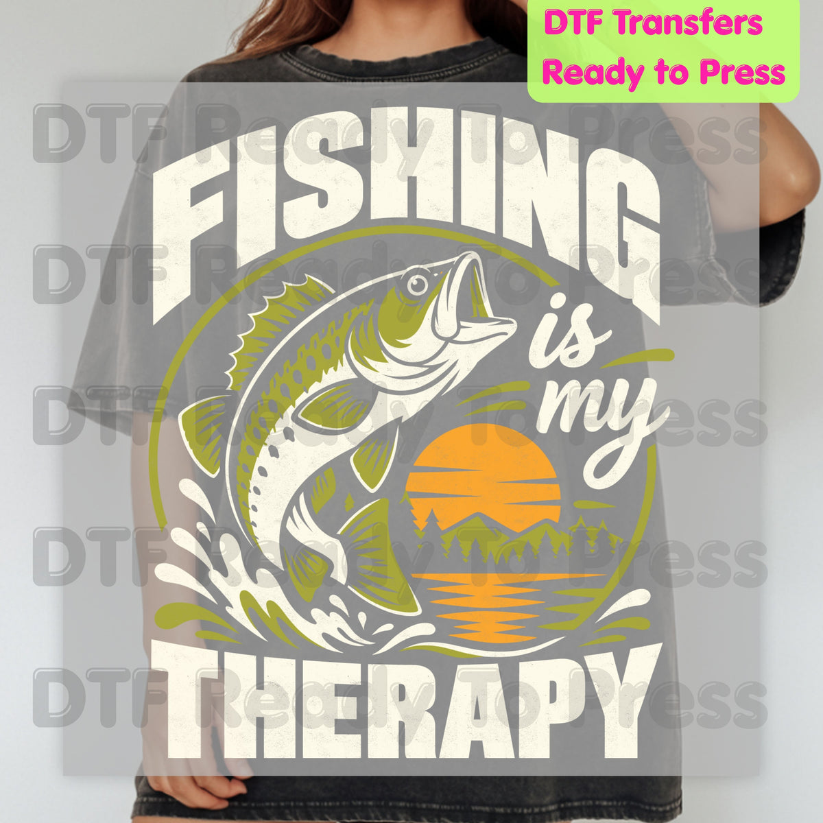 Fishing DTF Transfer, Fishing Is My Therapy, Bass Sunset Outdoors Graphic