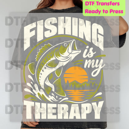 Fishing DTF Transfer, Fishing Is My Therapy, Bass Sunset Outdoors Graphic
