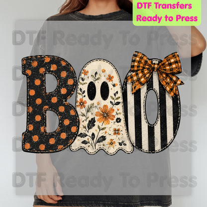 Floral Ghost Halloween DTF Transfers, Boo Orange Polka Dot Coquette Bow Spooky Ready to Press