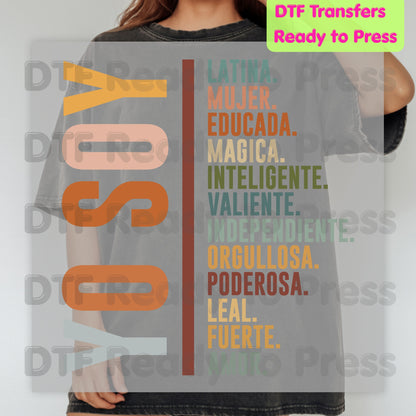 Yo Soy Latina DTF Transfers, Mujer Educada Empowered Latina Typography Ready to Press