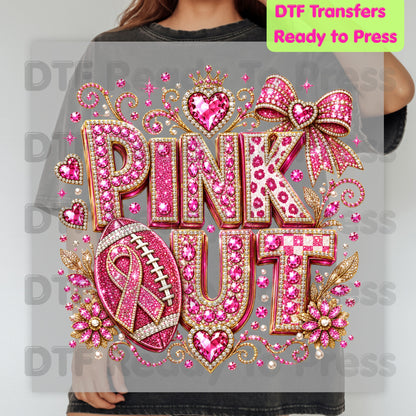 Pink Out DTF Transfers, Breast Cancer Awareness Glitter Football Pink Diamond Ribbon Crown Ready to Press