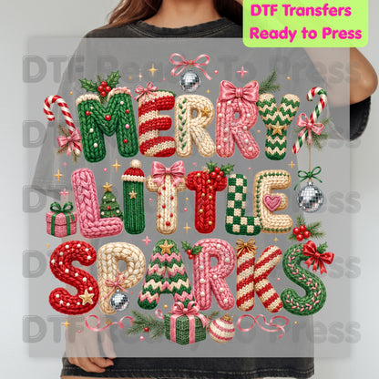 Merry Little Sparks DTF Transfers, Christmas Cable Knit Bow Disco Holiday Ready to Press