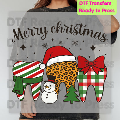 Merry Christmas Dental Teeth DTF Transfers, Dentist Holiday Leopard Plaid Dental Ready to Press