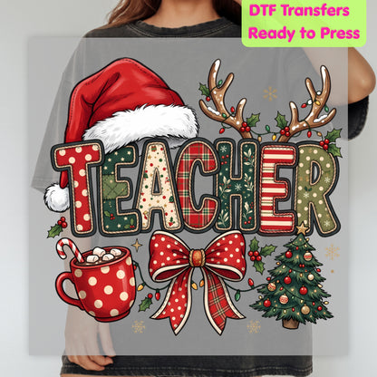 Christmas Teacher Santa Hat DTF Transfers, Holiday School Cocoa Tree Bow Graphic Ready to Press