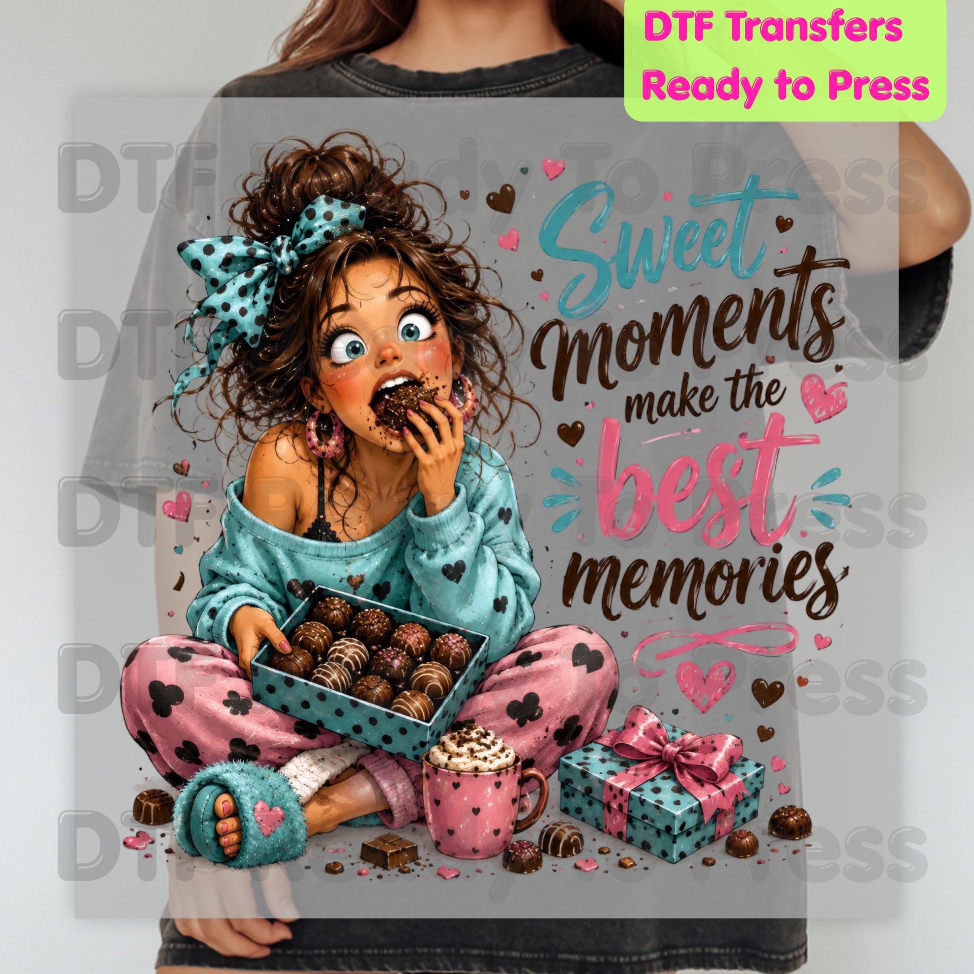 Cute Chocolate Lover Girl DTF Transfers, Sweet Moments Best Memories Chocolate Box Women Ready to Press