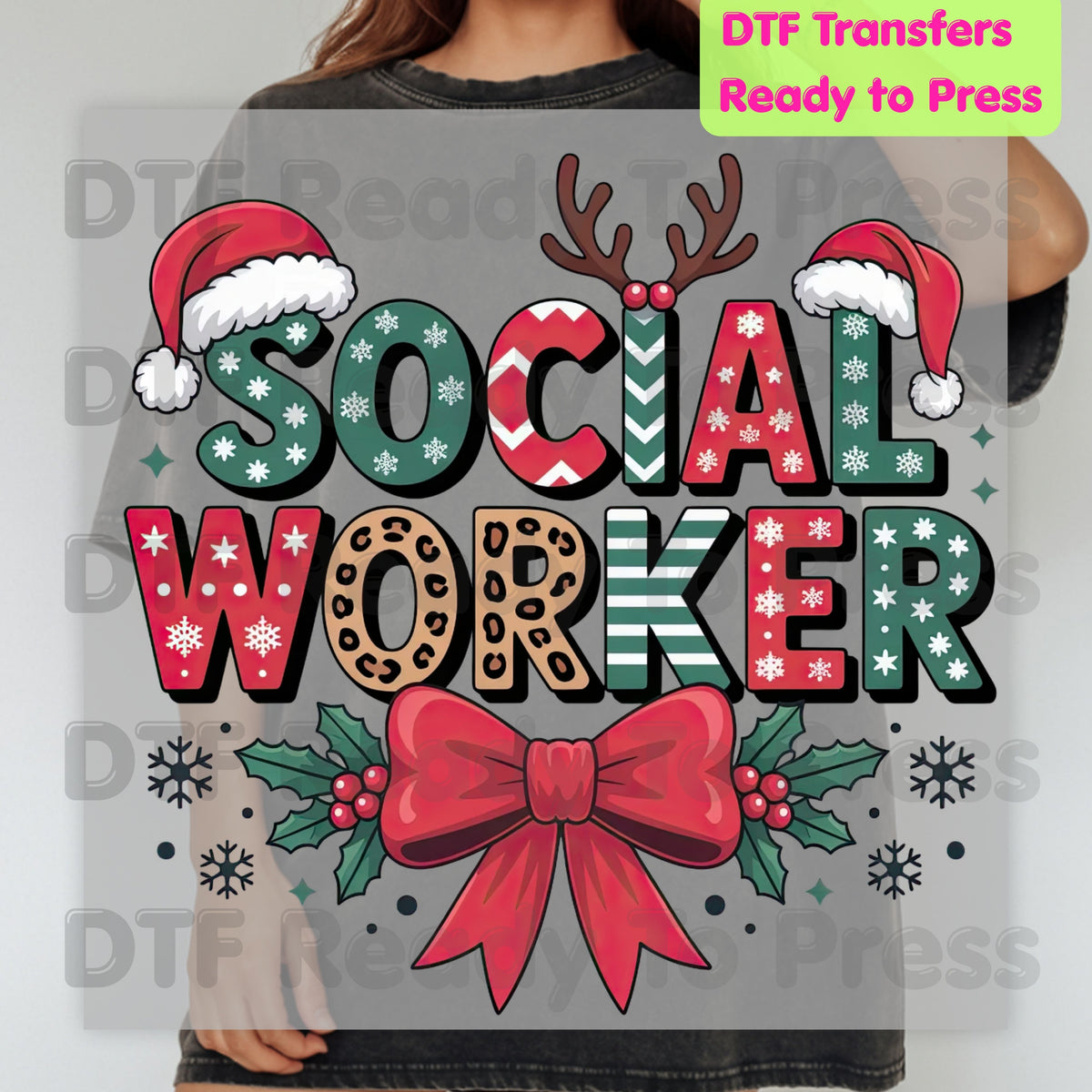 Christmas Social Worker DTF Transfers, Holiday Santa Hat Leopard Bow Social Work Ready to Press