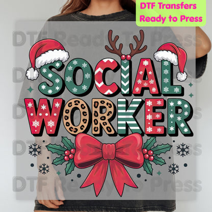 Christmas Social Worker DTF Transfers, Holiday Santa Hat Leopard Bow Social Work Ready to Press