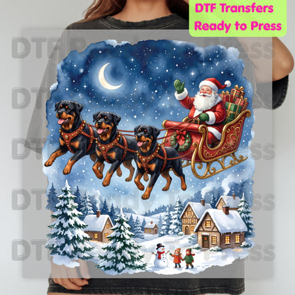 Christmas DTF Transfer, Santa Sleigh with Flying Rottweiler Dogs