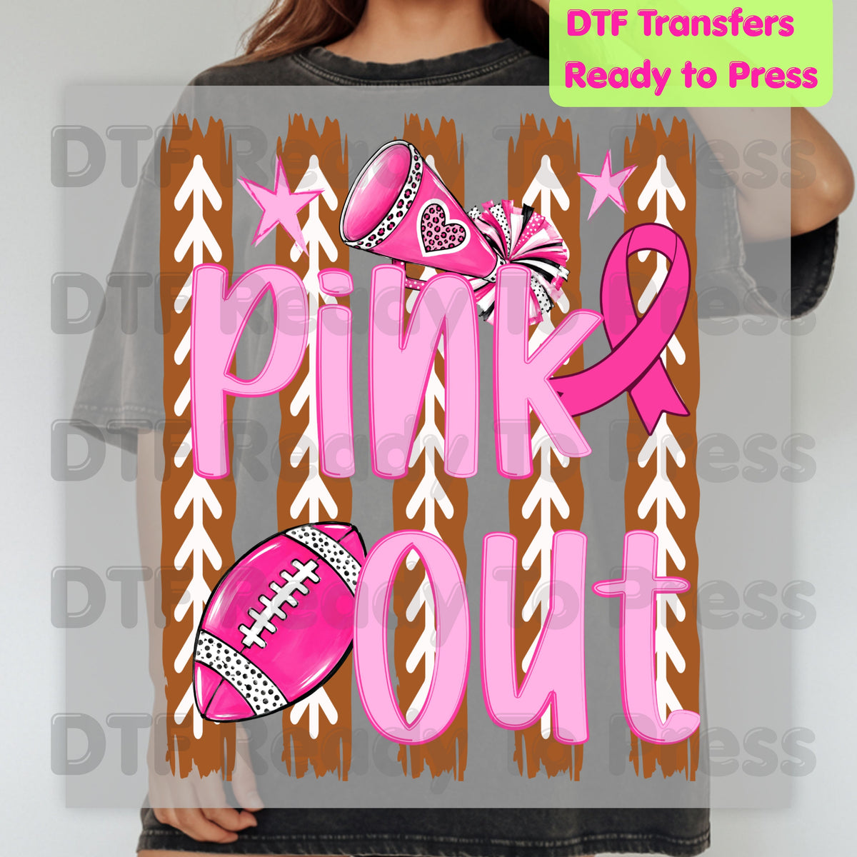 Pink Out DTF Transfers, Breast Cancer Awareness Cheer Football Megaphone Coquette Bow Ready to Press