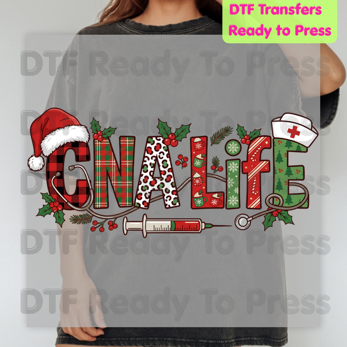 Christmas CNA Life Leopard Plaid DTF Transfers, Medical Nursing Syringe Holiday Ready to Press