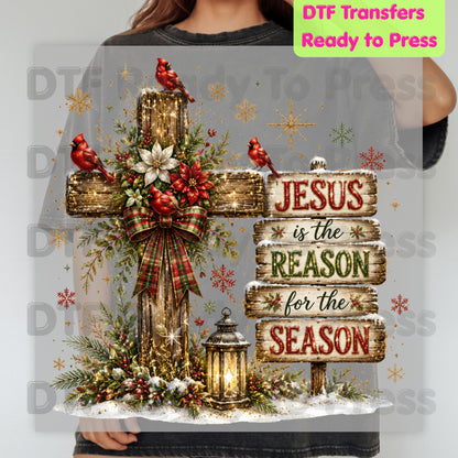 Jesus Is the Reason Christmas DTF Transfers, Cross Red Cardinals Christian Holiday Ready to Press
