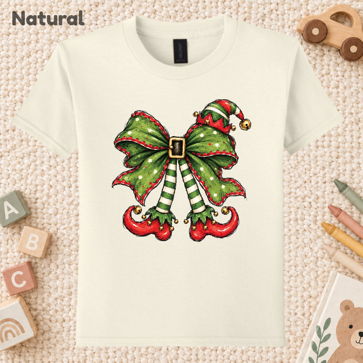 Christmas Elf T-Shirt, Green Bow Striped Legs Tee, Cute Holiday Sweatshirt