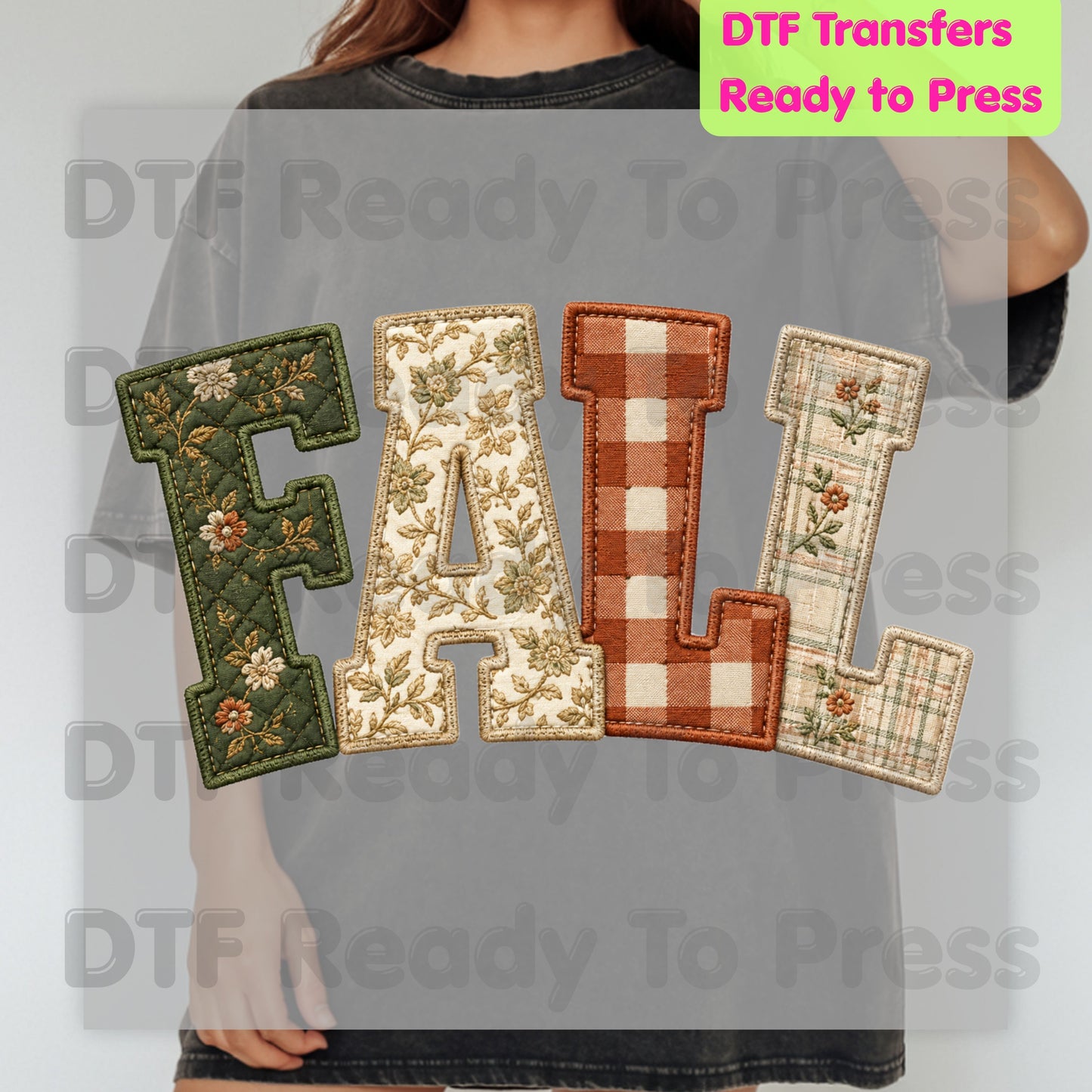 Fall Patchwork Chenille Letters DTF Transfers, Quilted Plaid Autumn Thanksgiving Ready to Press