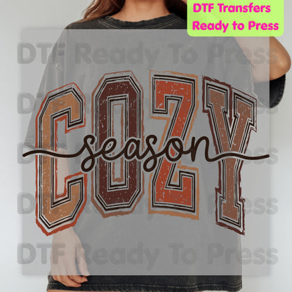 Cozy Season DTF Transfers, Distressed Varsity Letters Autumn Fall Neutral Tones Ready to Press