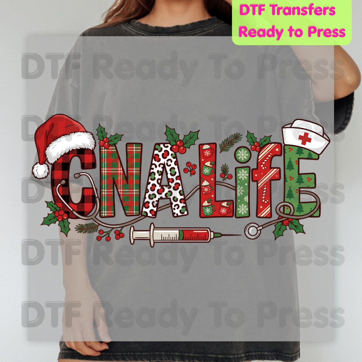 Christmas GNA Life DTF Transfers, Nursing Medical Plaid Leopard Stethoscope Holiday Ready to Press