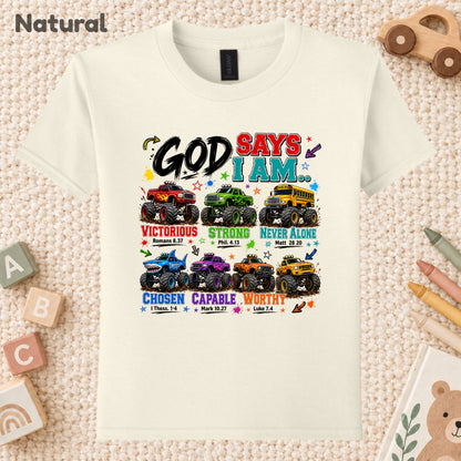 God Says I Am Monster Trucks Christian T-Shirt, Bible Verse Kids Religious Graphic Tee