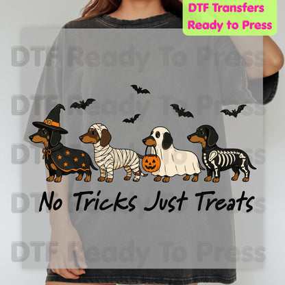 Halloween Dachshund DTF Transfer Ready to Press No Tricks Just Treats Heat Transfer For Shirts Skeleton Ghost Mummy Wiener Dog Spooky Print