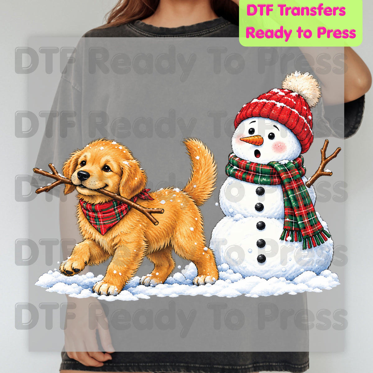 Christmas DTF Transfer, Golden Retriever Puppy with Snowman and Plaid Scarf