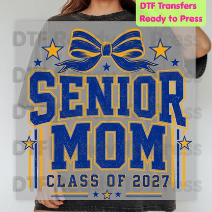 Senior Mom 2027 DTF Transfers, Royal Blue Yellow Cheer Bow Varsity Graduation Mother Ready to Press