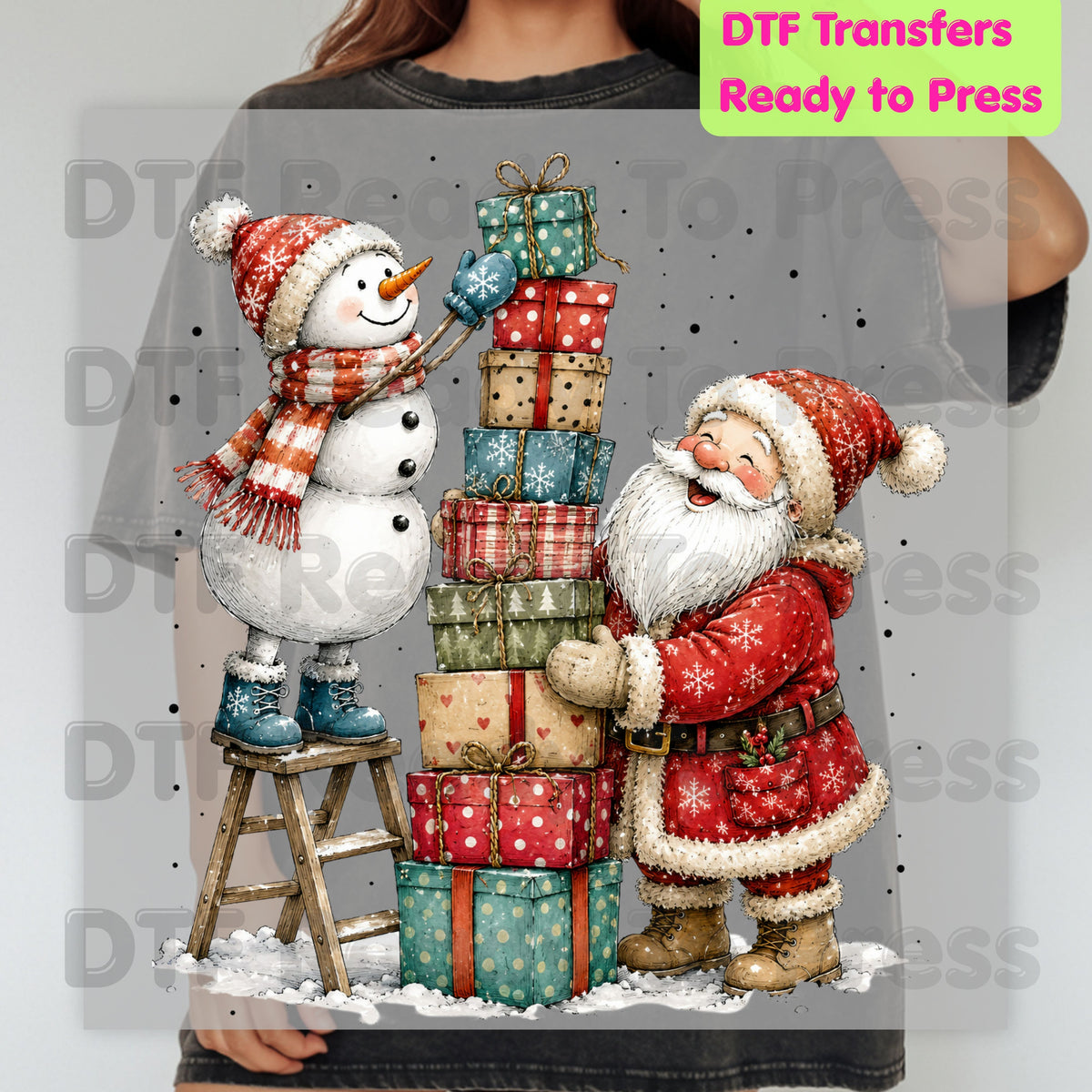 Christmas Santa Snowman DTF Transfers, Stacking Gifts Cute Holiday Ready to Press