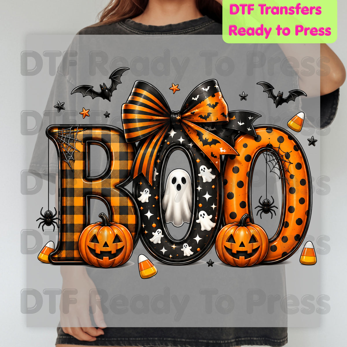Boo Pumpkin Ghost Halloween DTF Transfers, Coquette Bow Cute Spooky Ready to Press