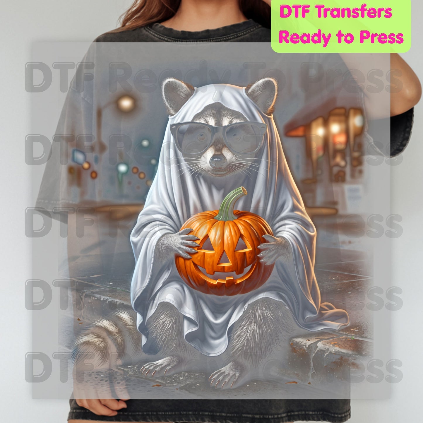 Halloween Ghost Raccoon DTF Transfers, Pumpkin Trash Panda Spooky Vintage Ready to Press
