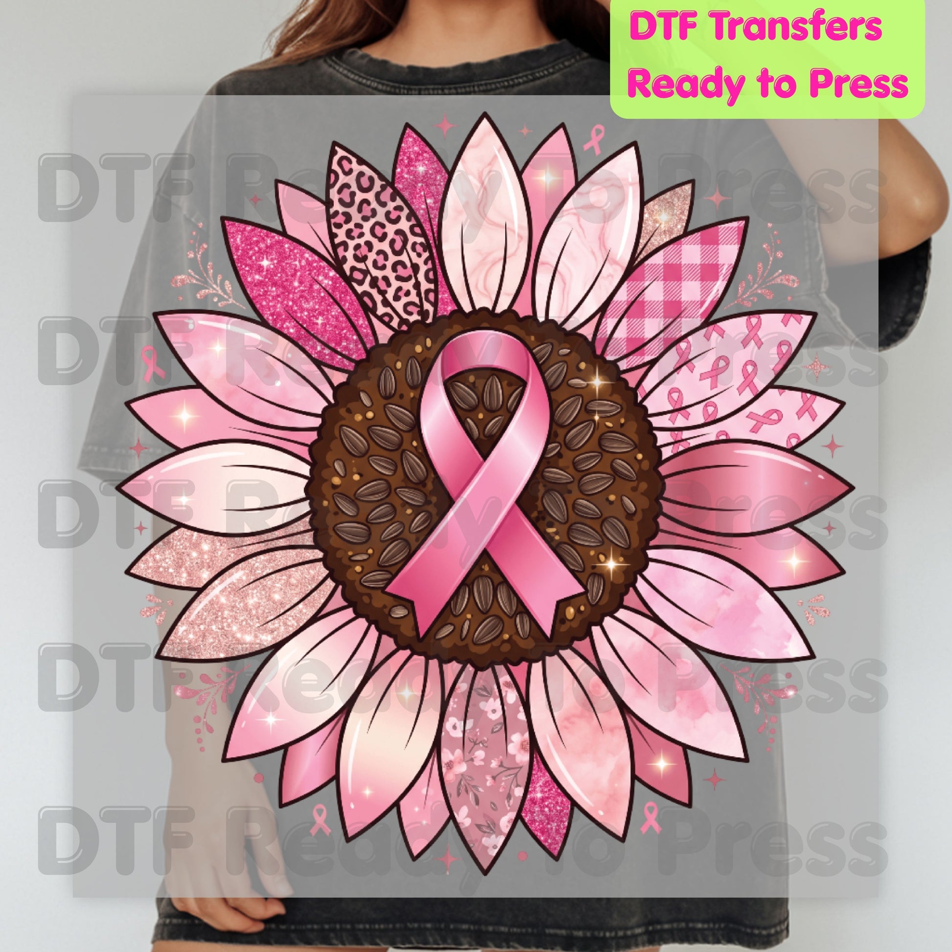 Pink Sunflower Breast Cancer Awareness DTF Transfer Ready to Press Heat Transfer Ribbon Tee