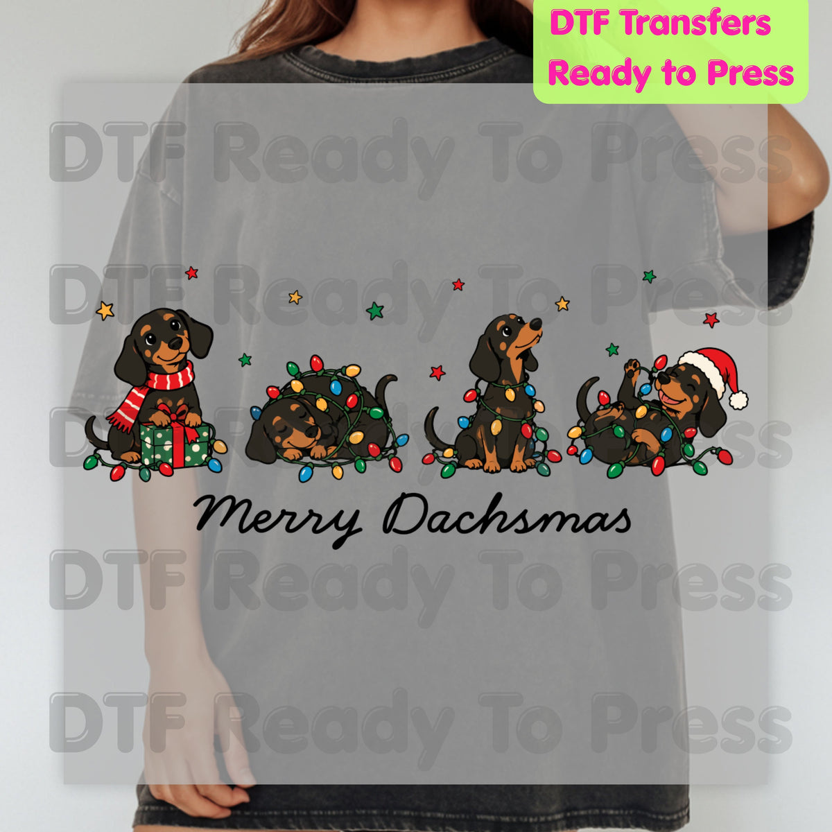 Merry Dachsmas DTF Transfers, Dachshund Dogs Christmas Lights Funny Holiday Ready to Press