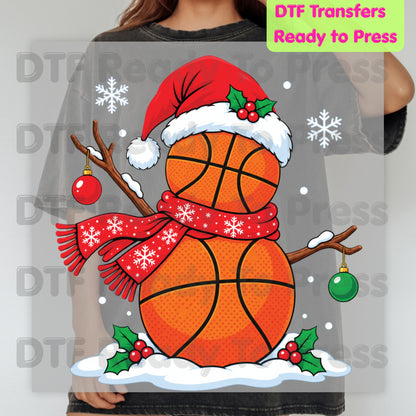 Christmas DTF Transfer, Basketball Snowman with Santa Hat and Scarf Graphic