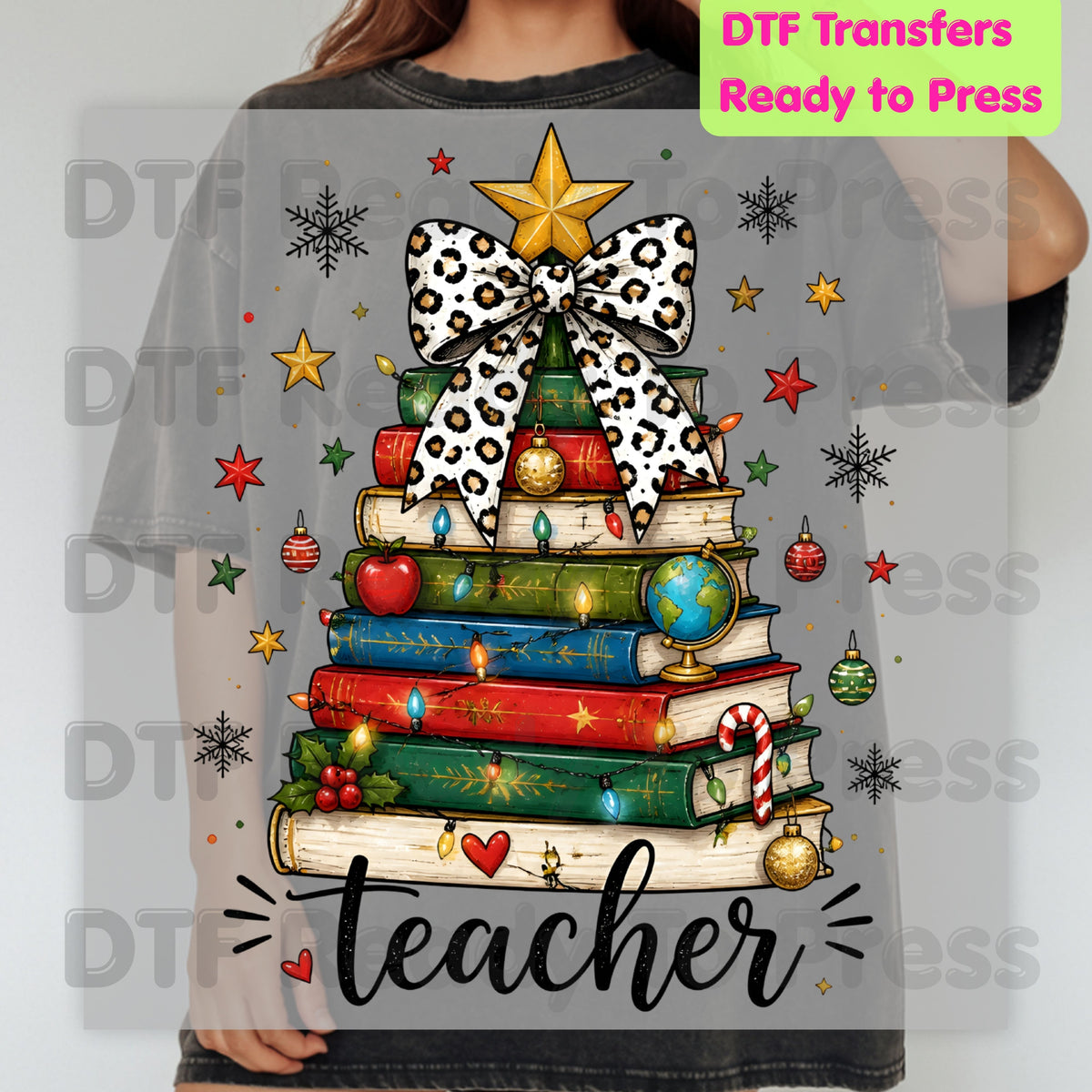 Christmas Teacher DTF Transfers, Book Tree Leopard Bow School Lights Holiday Ready to Press