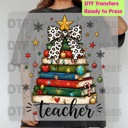 Christmas Teacher DTF Transfers, Book Tree Leopard Bow School Lights Holiday Ready to Press