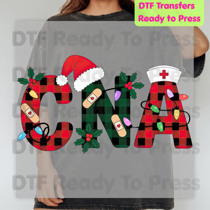 Christmas CNA Buffalo Plaid DTF Transfers, Medical Nursing Lights Bandage Holiday Ready to Press